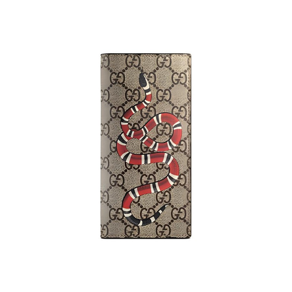 GUCCI Men's Ebony & Black Canvas & Leather Snake Print Long Bifold Wallet | 459456
