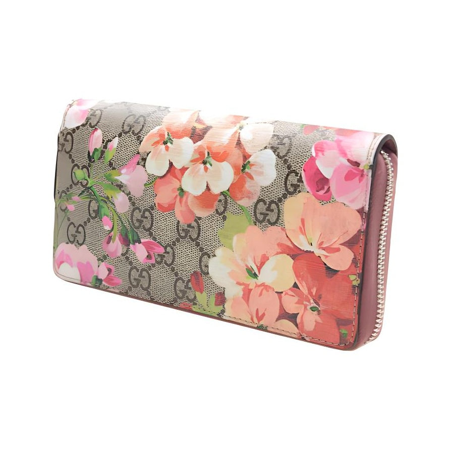GUCCI Women's Ebony & Red Geranium Print Leather Long Zip Wallet | 404071