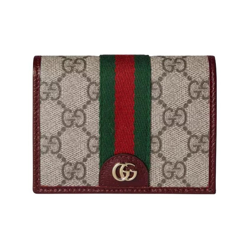 GUCCI Ophidia Women's Beige & Dark Brown Leather & Canvas Card Holder | 838486