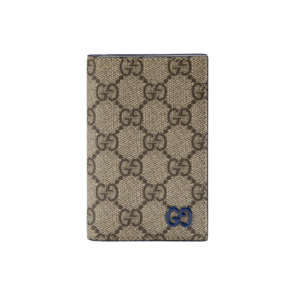 GUCCI GG Supreme Men's Blue & Brown Canvas Flap Card Holder with Leather Trim | 768249