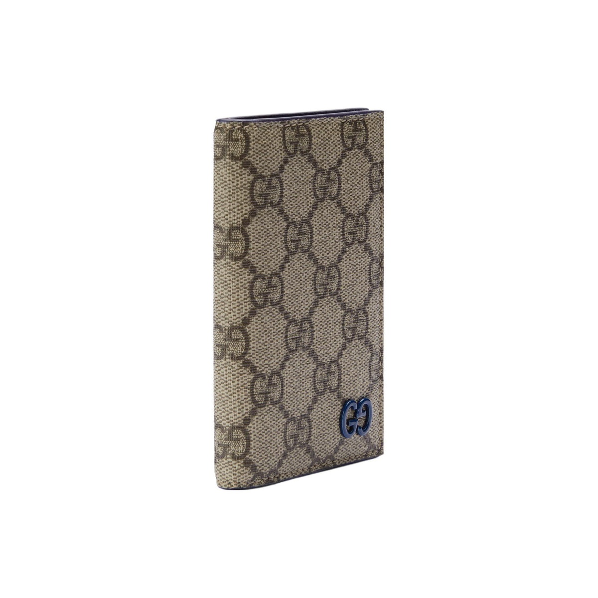 GUCCI GG Supreme Men's Blue & Brown Canvas Flap Card Holder with Leather Trim | 768249