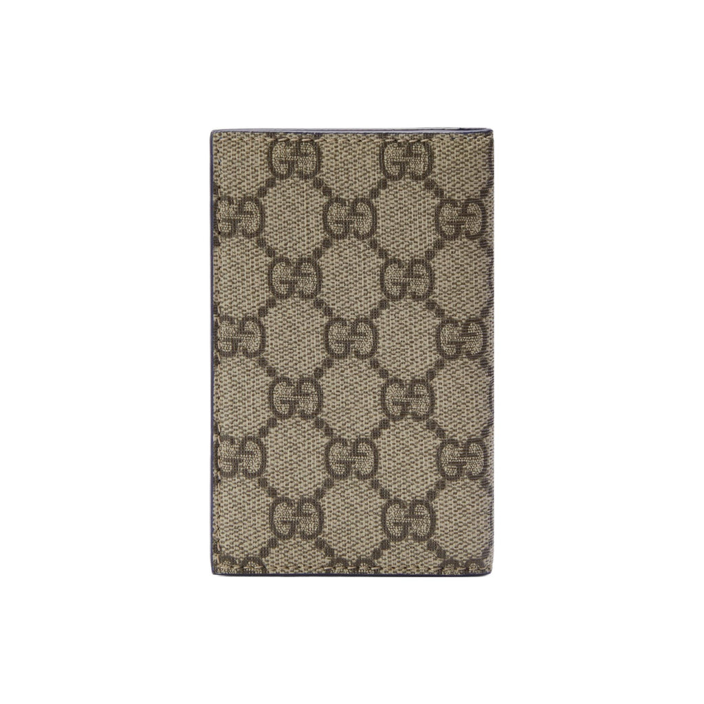 GUCCI GG Supreme Men's Blue & Brown Canvas Flap Card Holder with Leather Trim | 768249