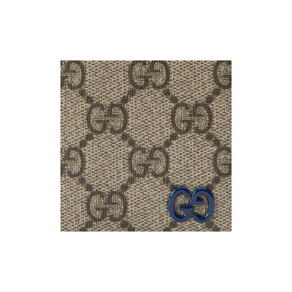 GUCCI GG Supreme Men's Blue & Brown Canvas Flap Card Holder with Leather Trim | 768249