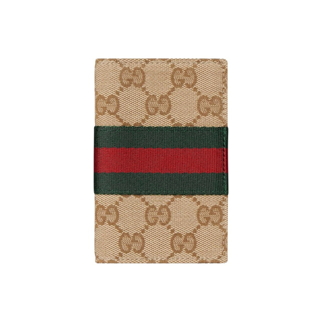 GUCCI Men's Sand & Dark Brown GG Canvas Card Holder with Web Detail | 867346