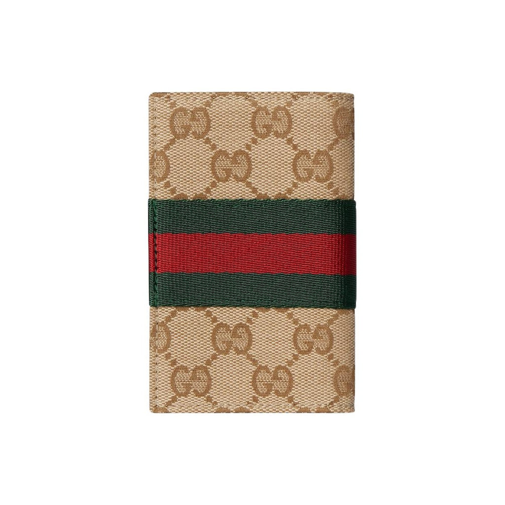 GUCCI Men's Sand & Dark Brown GG Canvas Card Holder with Web Detail | 867346