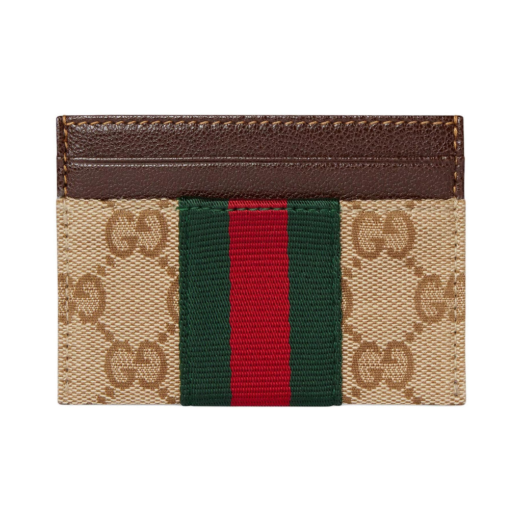 GUCCI Men's Khaki & Brown GG Canvas Card Holder with Stripe Detail | 867384
