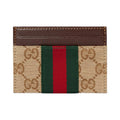 GUCCI Men's Khaki & Brown GG Canvas Card Holder with Stripe Detail | 867384