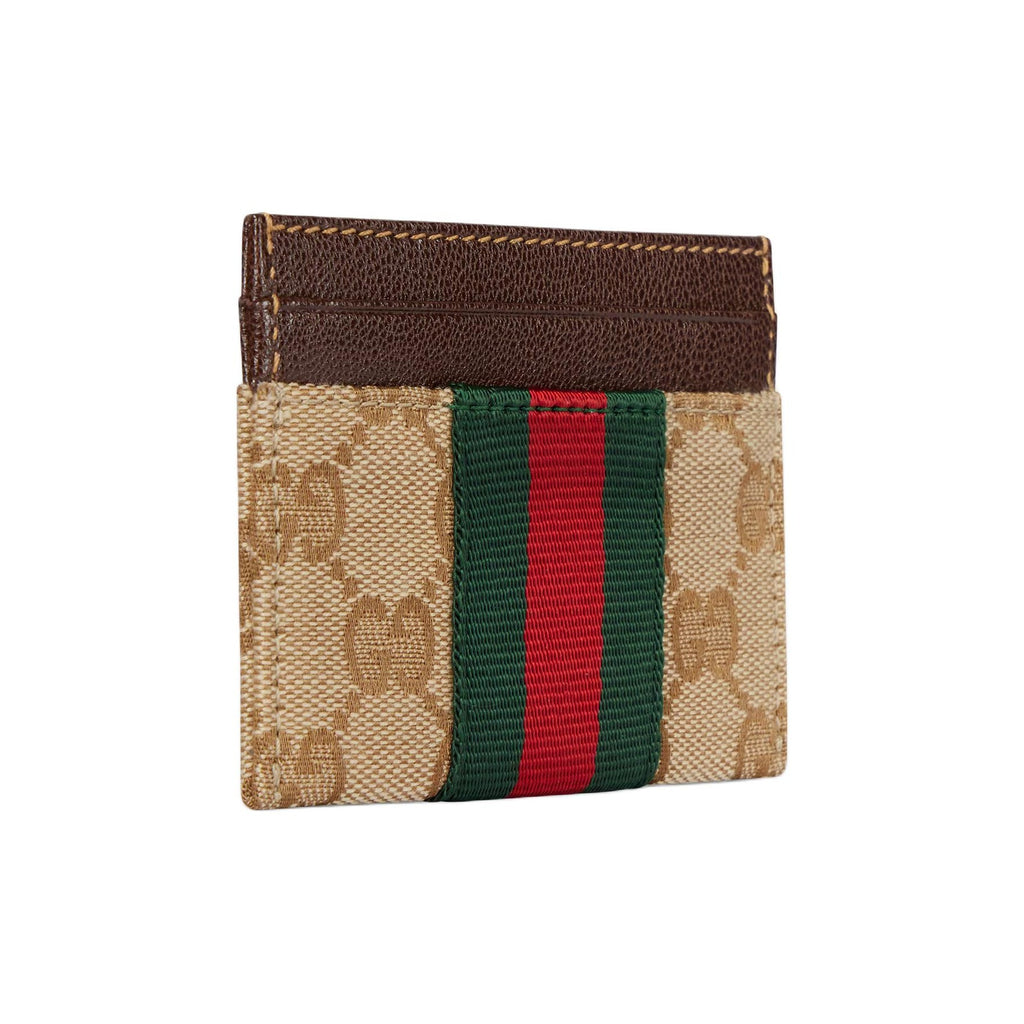 GUCCI Men's Khaki & Brown GG Canvas Card Holder with Stripe Detail | 867384