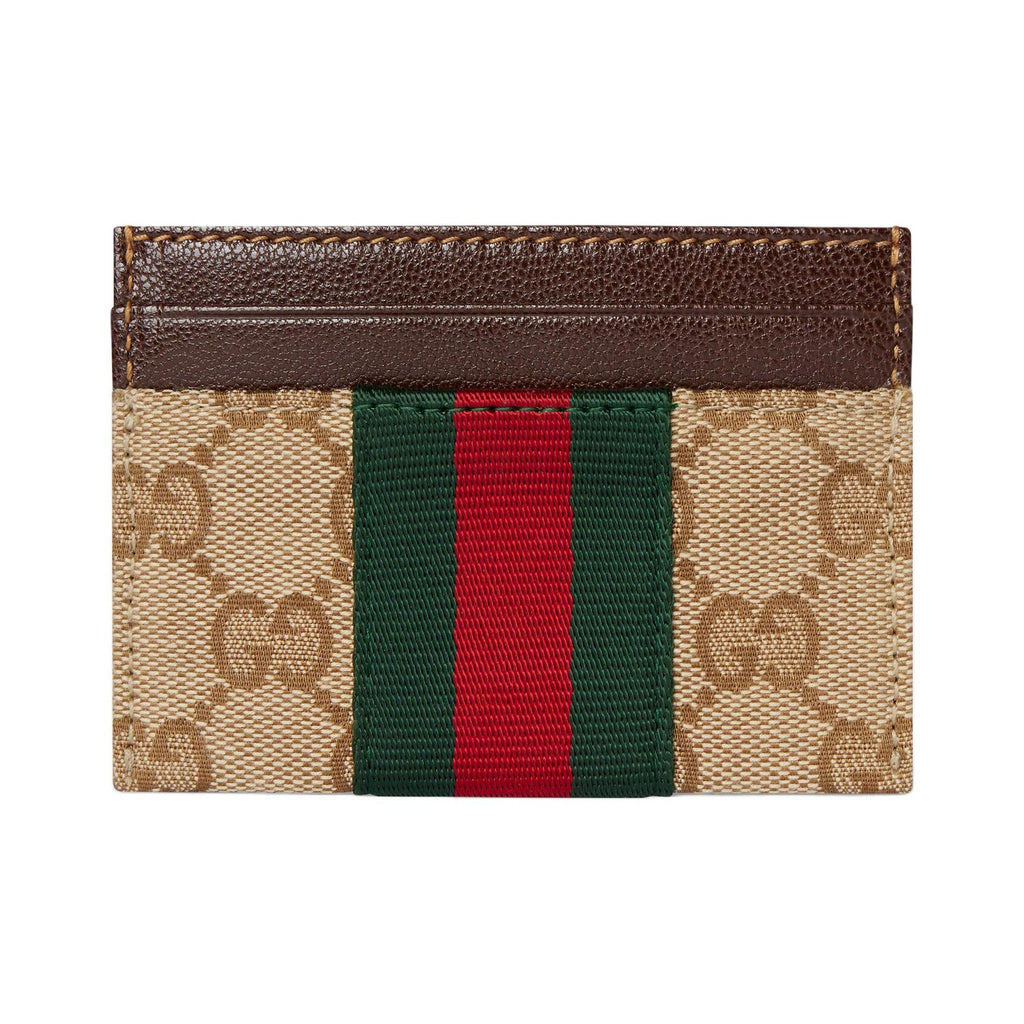 GUCCI Men's Khaki & Brown GG Canvas Card Holder with Stripe Detail | 867384