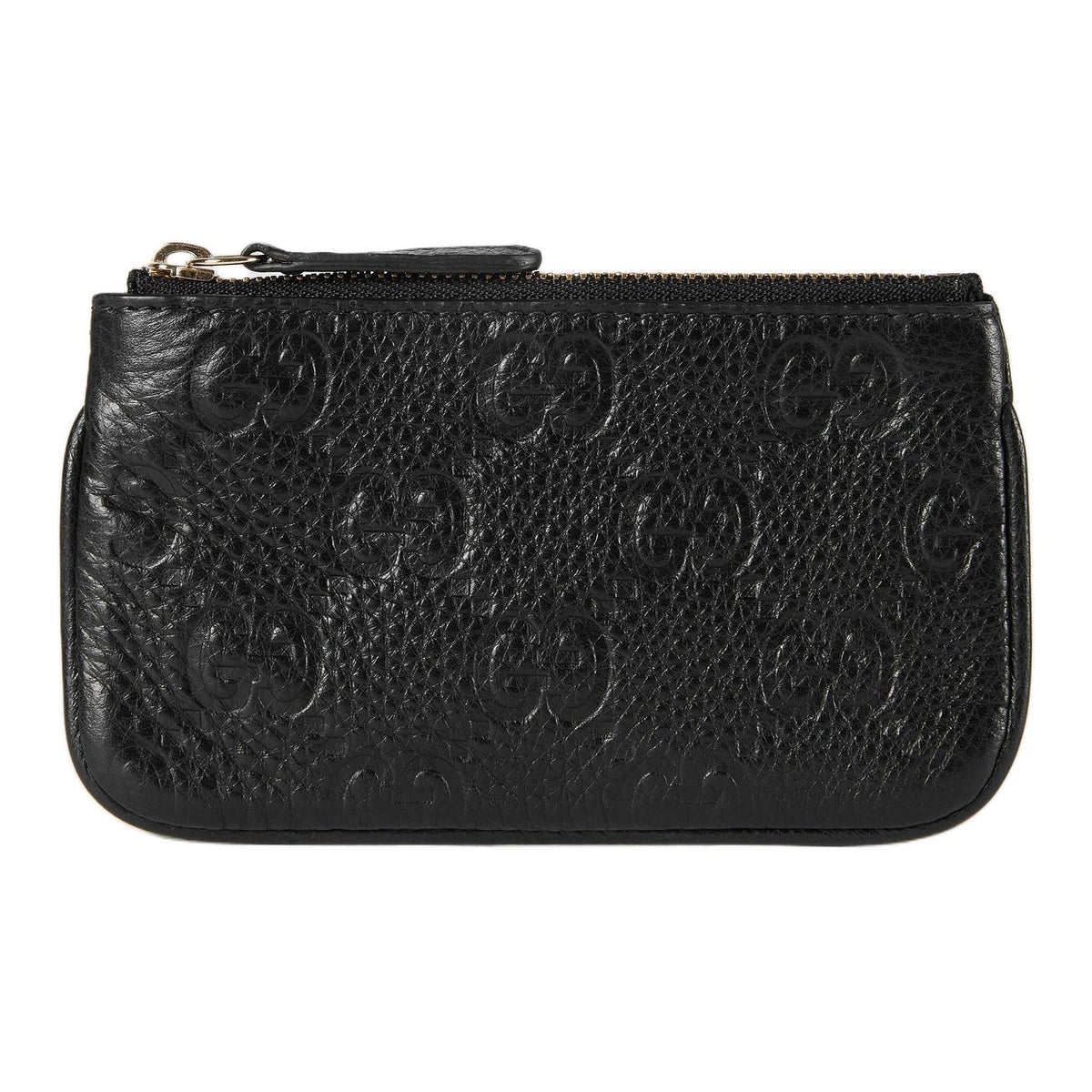 GUCCI GG Emblem Unisex Black Grained Leather Zip Key Pouch | 815891