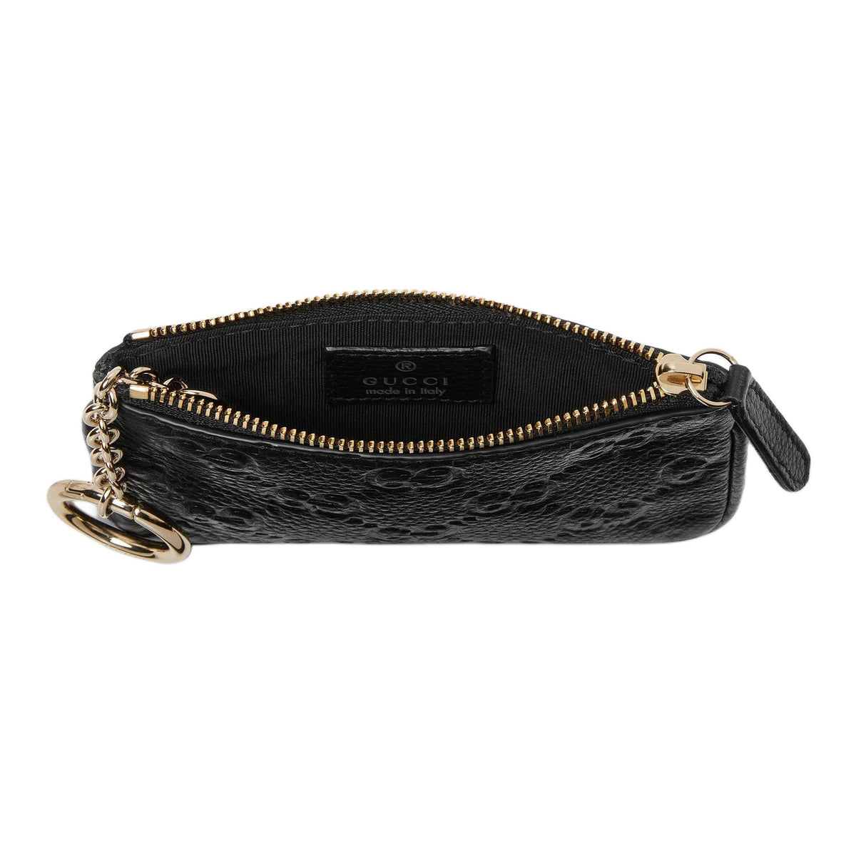 GUCCI GG Emblem Unisex Black Grained Leather Zip Key Pouch | 815891