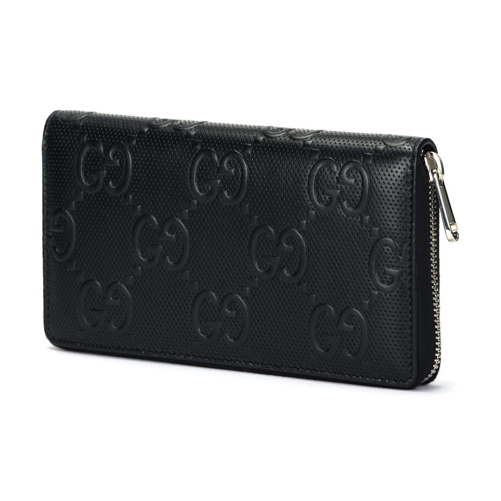 GUCCI Unisex Black Leather Embossed Monogram Long Zip Wallet | 625558
