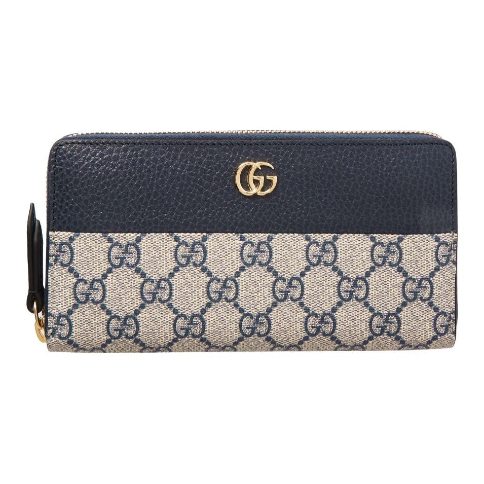 GUCCI GG Marmont Women's Beige & Blue Canvas & Leather Long Zip Wallet | 456117